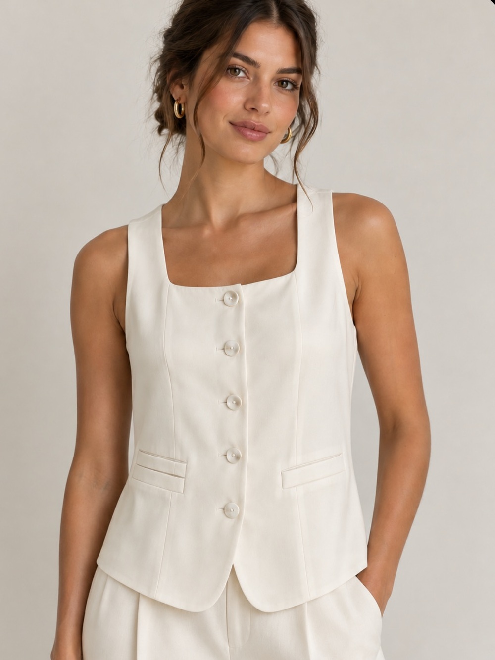 Elie Tahari Ivory Warm Vanilla Sleeveless Button Vest